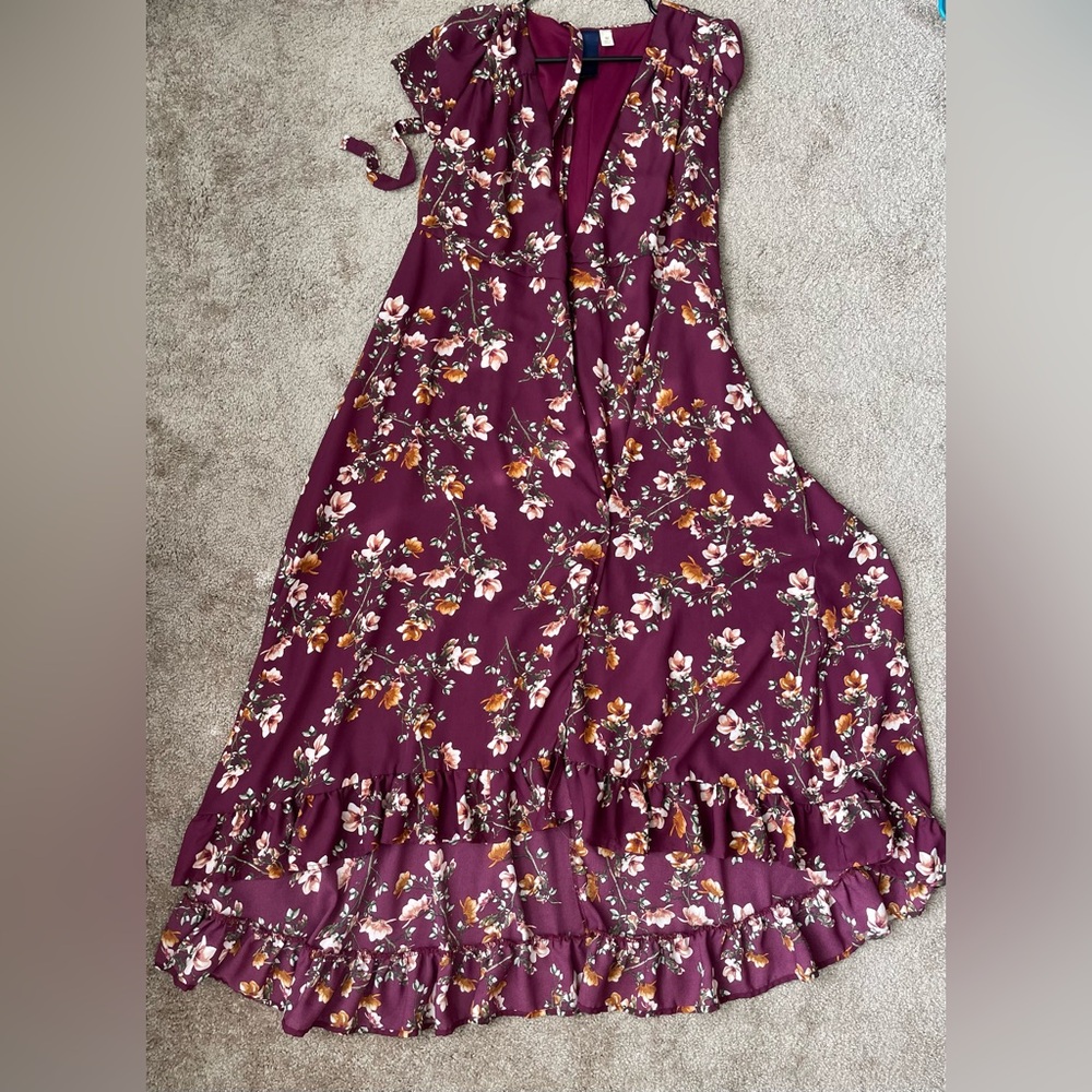 Women Lined High Low V-neck Wrap Cap  Sleeve Ruffle Maxi Dress Wine Floral